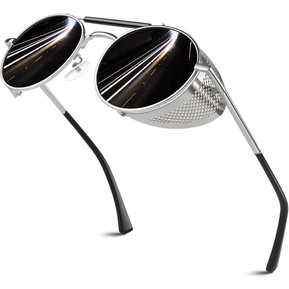 Sunier Retro Round Polarized Steampunk Gothic Side Shield Silver Sunglasses